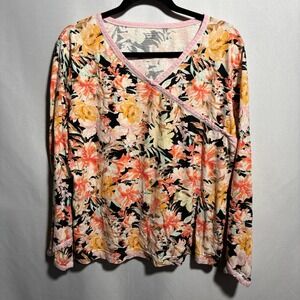Garnet Hill Floral Long Sleeve Top Organic Cotton Pink Trim Floral Boho Office L